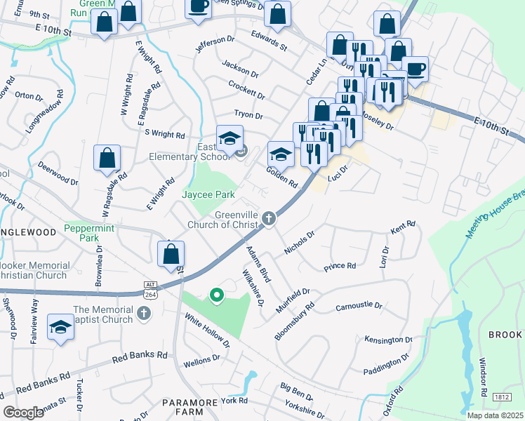 map of restaurants, bars, coffee shops, grocery stores, and more near 3009 Kingston Circle in Greenville