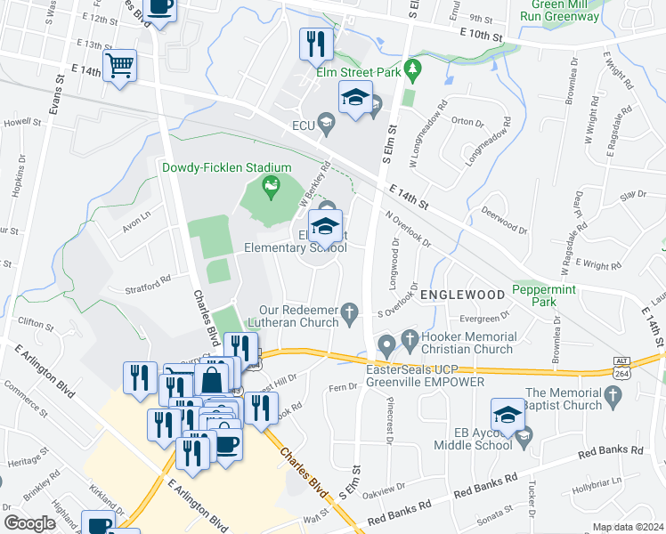 map of restaurants, bars, coffee shops, grocery stores, and more near 1709 Forest Hill Drive in Greenville