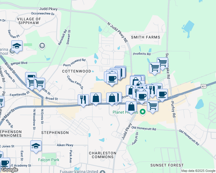 map of restaurants, bars, coffee shops, grocery stores, and more near 921 East Broad Street in Fuquay-Varina