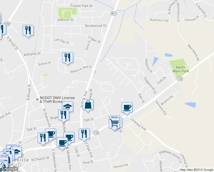 map of restaurants, bars, coffee shops, grocery stores, and more near 108 Broadleaf Loop in Mooresville