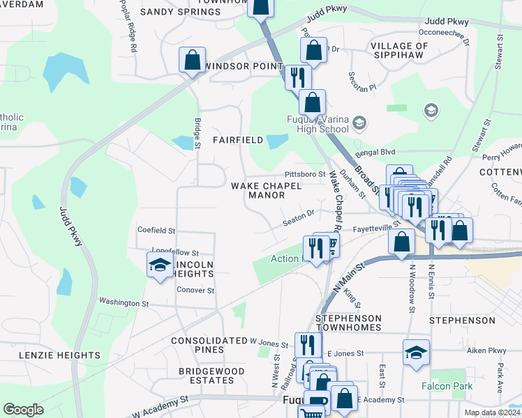 map of restaurants, bars, coffee shops, grocery stores, and more near 812 Alderleaf Drive in Fuquay-Varina