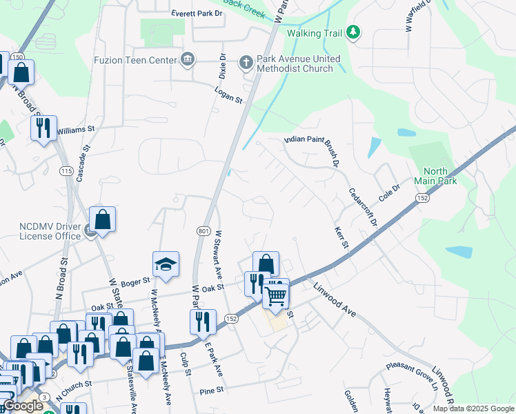map of restaurants, bars, coffee shops, grocery stores, and more near 108 Broadleaf Loop in Mooresville