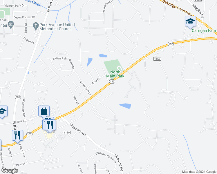 map of restaurants, bars, coffee shops, grocery stores, and more near 1433 North Main Street in Mooresville
