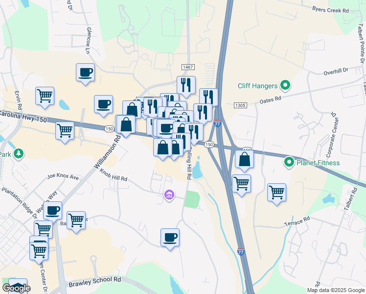 map of restaurants, bars, coffee shops, grocery stores, and more near 467 River Highway in Mooresville