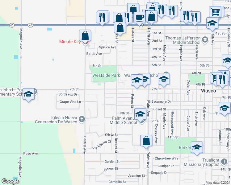 map of restaurants, bars, coffee shops, grocery stores, and more near 2434 Sycamore Street in Wasco