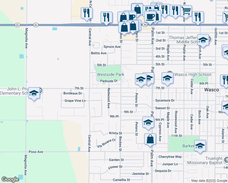 map of restaurants, bars, coffee shops, grocery stores, and more near 2576 Sycamore Court in Wasco