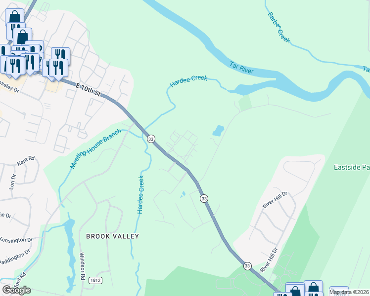 map of restaurants, bars, coffee shops, grocery stores, and more near 3615 East 10th Street in Greenville