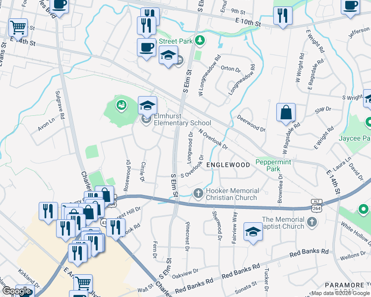 map of restaurants, bars, coffee shops, grocery stores, and more near 1618 Longwood Drive in Greenville
