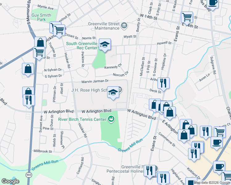 map of restaurants, bars, coffee shops, grocery stores, and more near 600 West Arlington Boulevard in Greenville