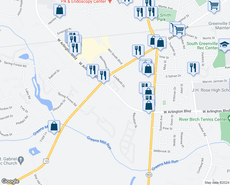 map of restaurants, bars, coffee shops, grocery stores, and more near 1748 Arlington Boulevard in Greenville