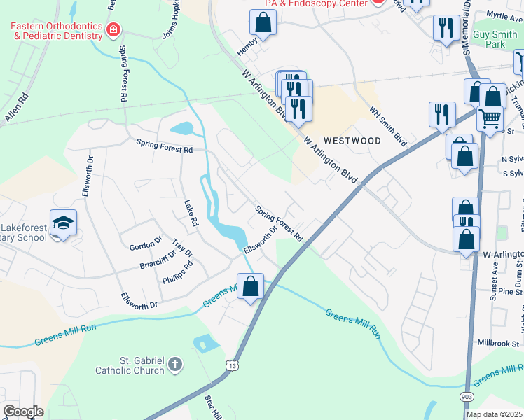 map of restaurants, bars, coffee shops, grocery stores, and more near 960 Spring Forest Road in Greenville