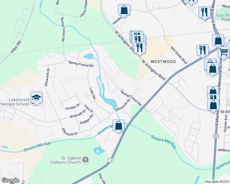 map of restaurants, bars, coffee shops, grocery stores, and more near 914 Spring Forest Road in Greenville