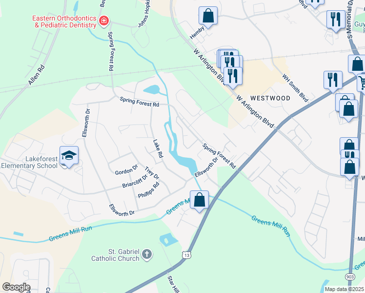 map of restaurants, bars, coffee shops, grocery stores, and more near 914 Spring Forest Road in Greenville