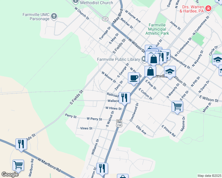 map of restaurants, bars, coffee shops, grocery stores, and more near 4363 Railroad St in Farmville
