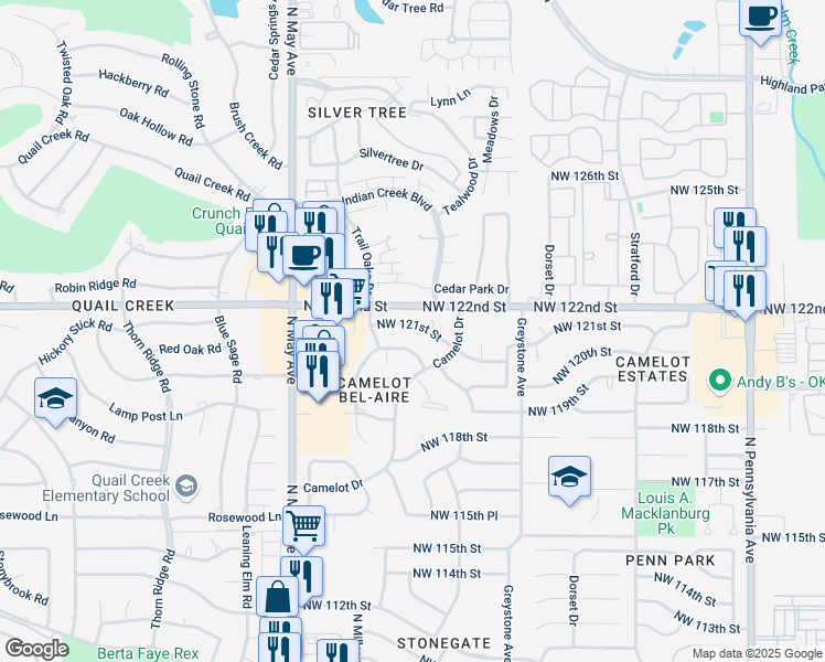 map of restaurants, bars, coffee shops, grocery stores, and more near 2701 Northwest 120th Terrace in Oklahoma City