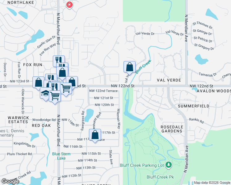 map of restaurants, bars, coffee shops, grocery stores, and more near 5201 Northwest 121st Street in Oklahoma City