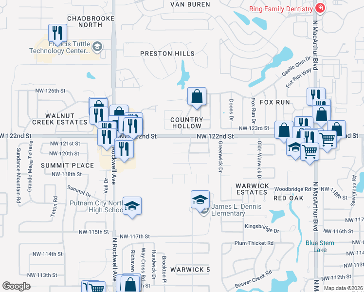 map of restaurants, bars, coffee shops, grocery stores, and more near 6701 Northwest 120th Street in Oklahoma City