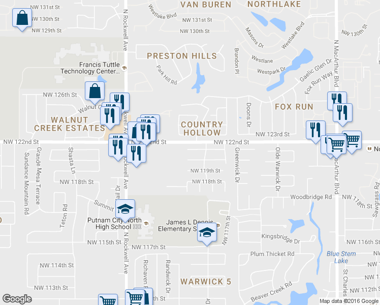 map of restaurants, bars, coffee shops, grocery stores, and more near 6725 Northwest 120th Street in Oklahoma City