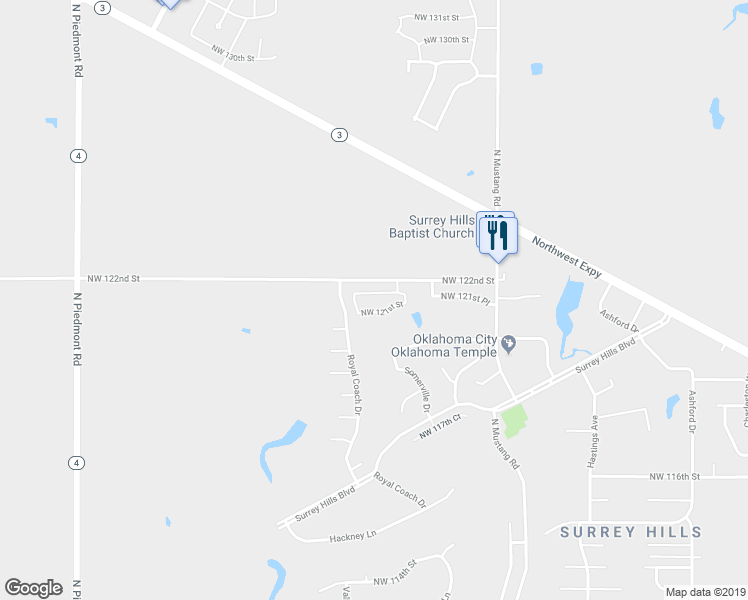 map of restaurants, bars, coffee shops, grocery stores, and more near Northwest 122nd Street in Yukon