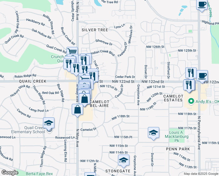 map of restaurants, bars, coffee shops, grocery stores, and more near 2701 Northwest 120th Terrace in Oklahoma City