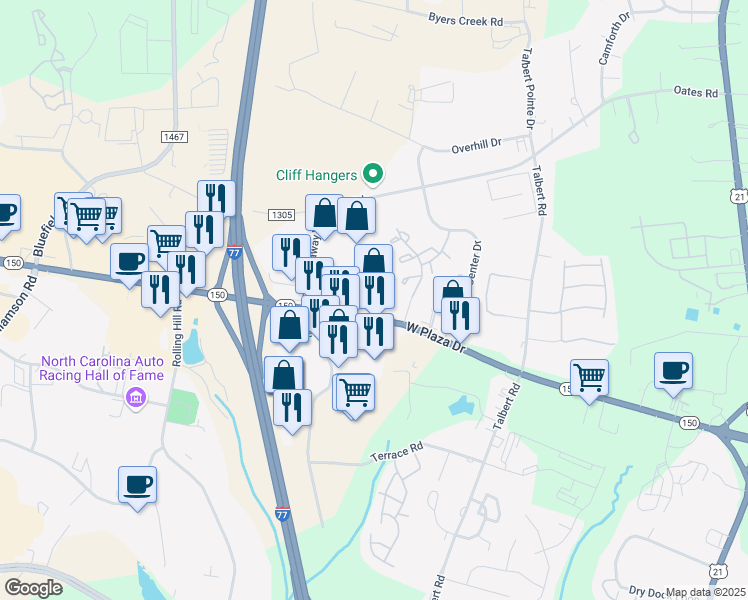map of restaurants, bars, coffee shops, grocery stores, and more near 350 West Plaza Drive in Mooresville