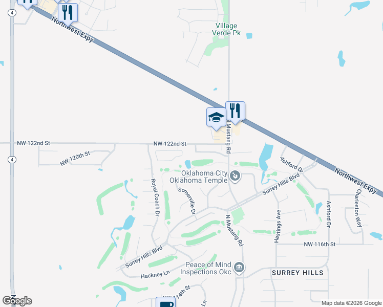map of restaurants, bars, coffee shops, grocery stores, and more near 12201 Buckingham Lane in Yukon