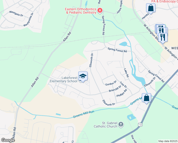 map of restaurants, bars, coffee shops, grocery stores, and more near 3353A Ellsworth Drive in Greenville