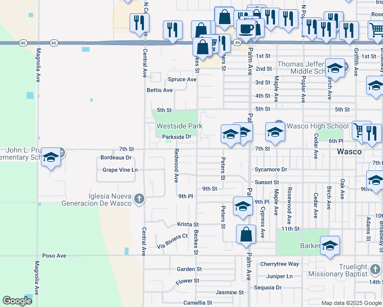 map of restaurants, bars, coffee shops, grocery stores, and more near 2434 Sycamore Street in Wasco