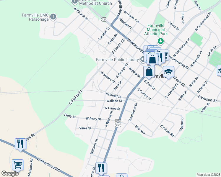 map of restaurants, bars, coffee shops, grocery stores, and more near 4363 Railroad St in Farmville