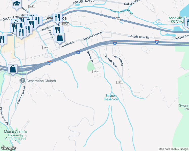 map of restaurants, bars, coffee shops, grocery stores, and more near 109 Getaway Drive in Swannanoa