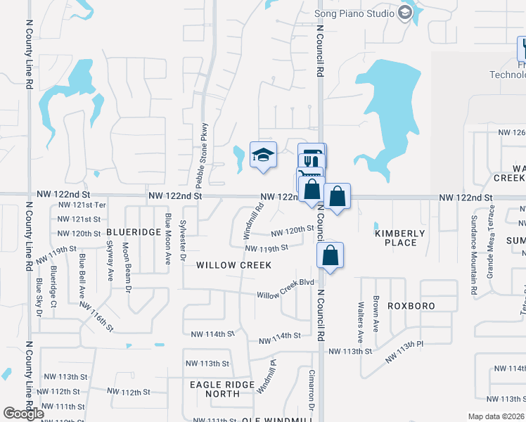 map of restaurants, bars, coffee shops, grocery stores, and more near 12115 Windmill Road in Oklahoma City