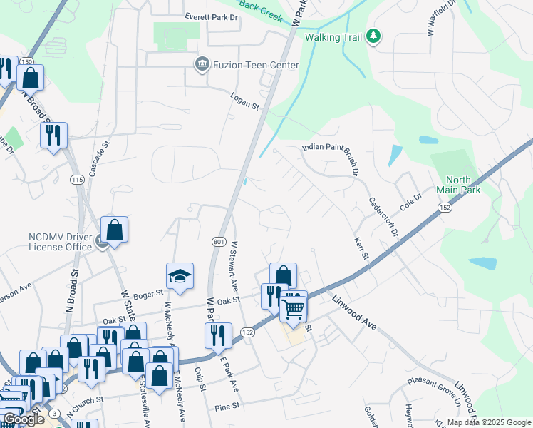 map of restaurants, bars, coffee shops, grocery stores, and more near 104 Ivy Creek Lane in Mooresville