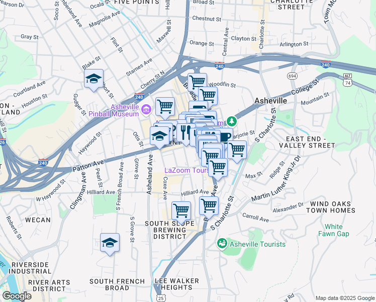 map of restaurants, bars, coffee shops, grocery stores, and more near 18 Church Street in Asheville