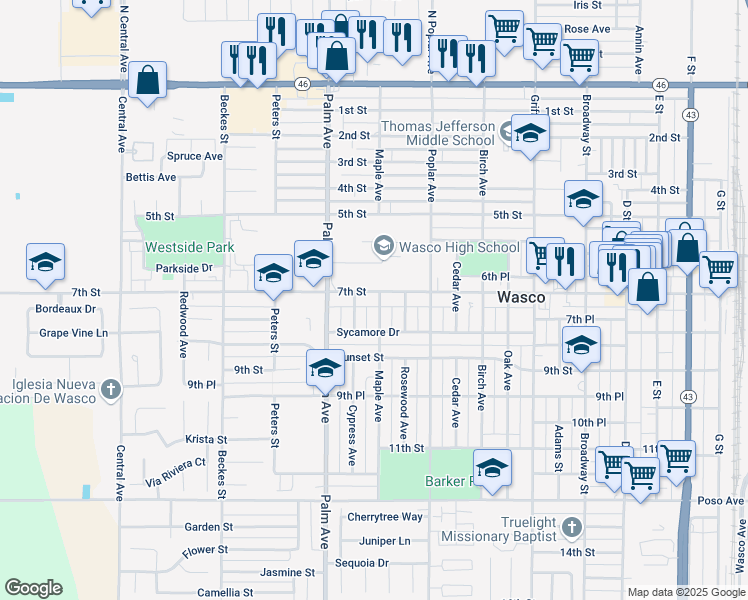 map of restaurants, bars, coffee shops, grocery stores, and more near 733 Maple Avenue in Wasco