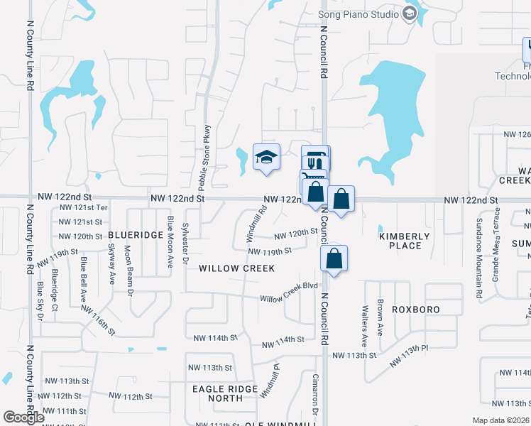 map of restaurants, bars, coffee shops, grocery stores, and more near 12115 Windmill Road in Oklahoma City