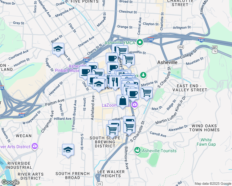 map of restaurants, bars, coffee shops, grocery stores, and more near 18 Church Street in Asheville