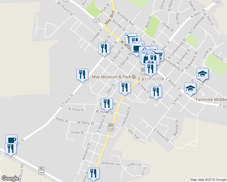 map of restaurants, bars, coffee shops, grocery stores, and more near 3628 South Walnut Street in Farmville