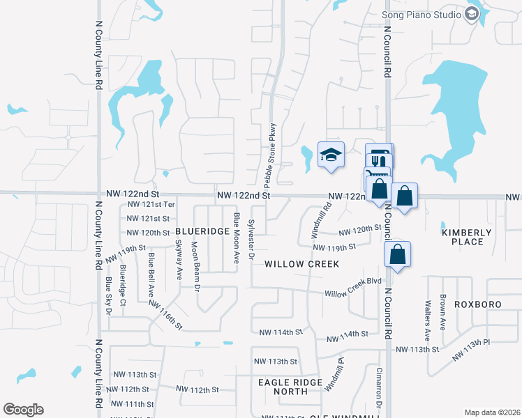 map of restaurants, bars, coffee shops, grocery stores, and more near 12100 Willow Way in Oklahoma City
