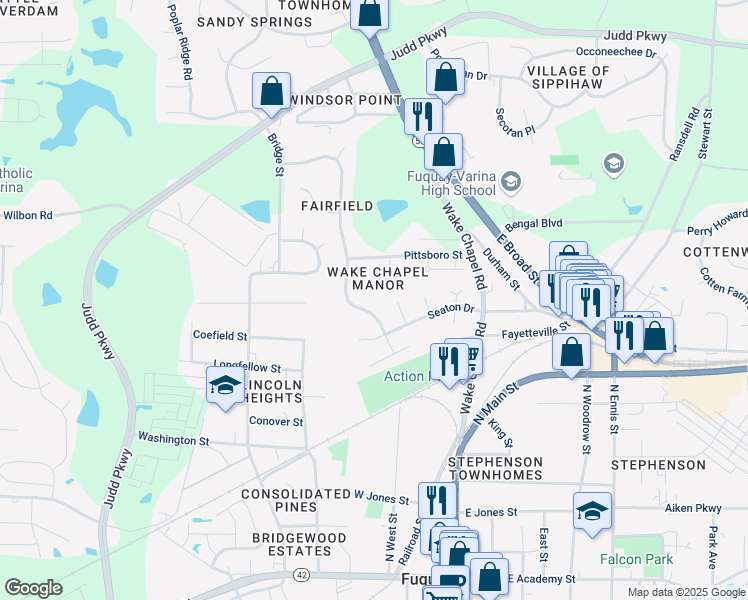 map of restaurants, bars, coffee shops, grocery stores, and more near 812 Alderleaf Drive in Fuquay-Varina