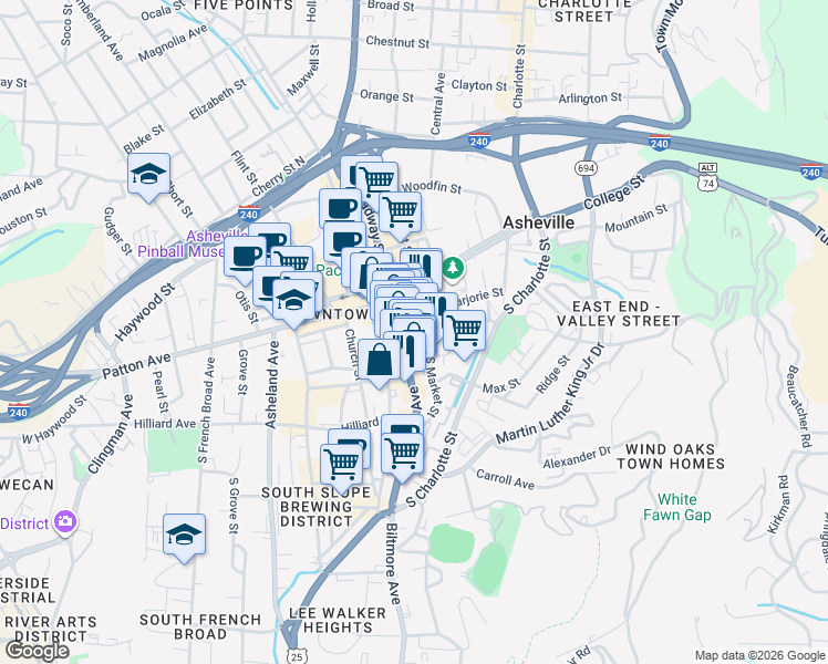 map of restaurants, bars, coffee shops, grocery stores, and more near 34 Biltmore Avenue in Asheville