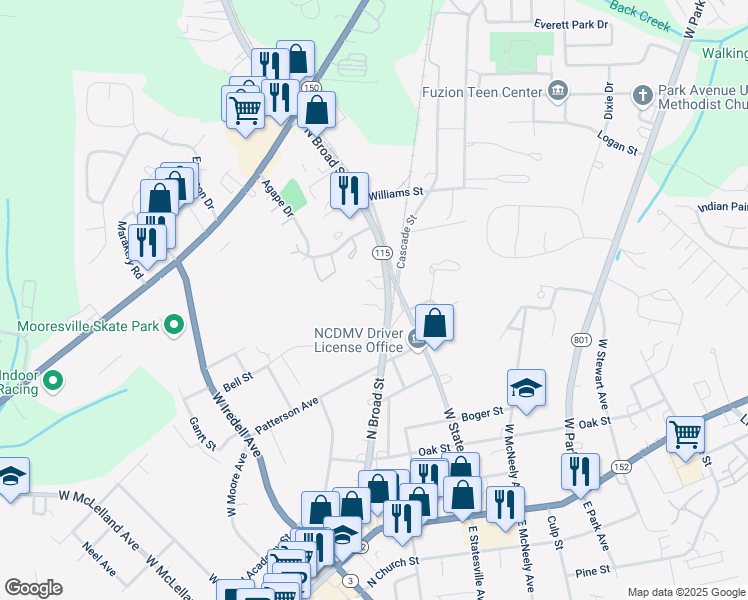 map of restaurants, bars, coffee shops, grocery stores, and more near 554 North Broad Street in Mooresville