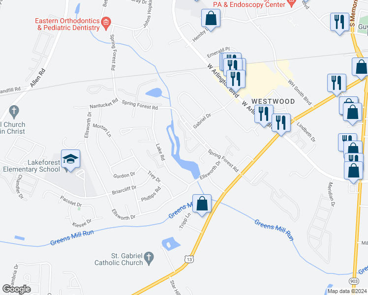 map of restaurants, bars, coffee shops, grocery stores, and more near 910 Spring Forest Road in Greenville