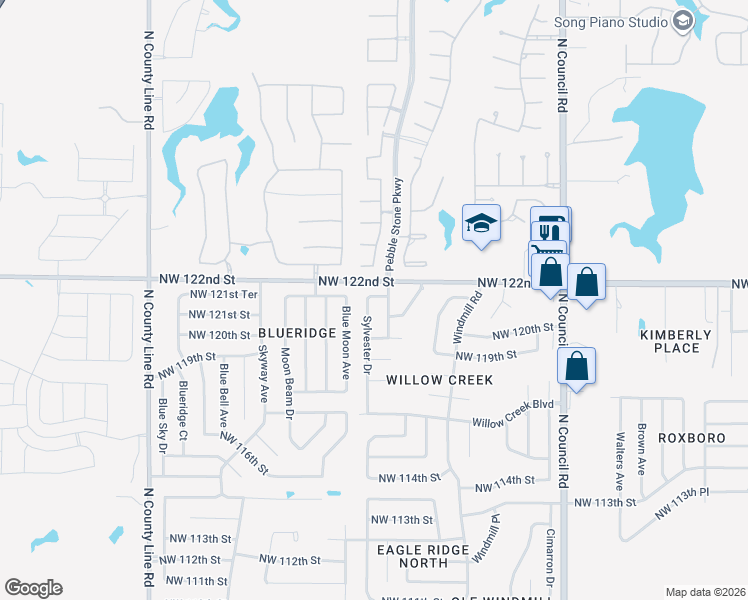 map of restaurants, bars, coffee shops, grocery stores, and more near 12116 Sylvester Drive in Oklahoma City