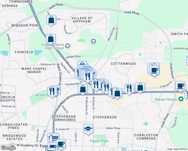 map of restaurants, bars, coffee shops, grocery stores, and more near 903 Stewart Street in Fuquay Varina