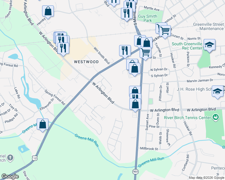 map of restaurants, bars, coffee shops, grocery stores, and more near 1604 West Arlington Boulevard in Greenville
