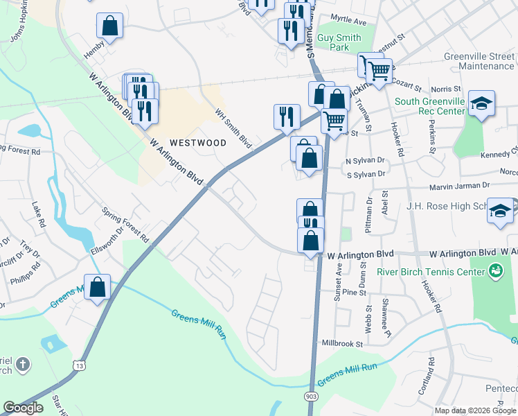map of restaurants, bars, coffee shops, grocery stores, and more near 1610 West Arlington Boulevard in Greenville