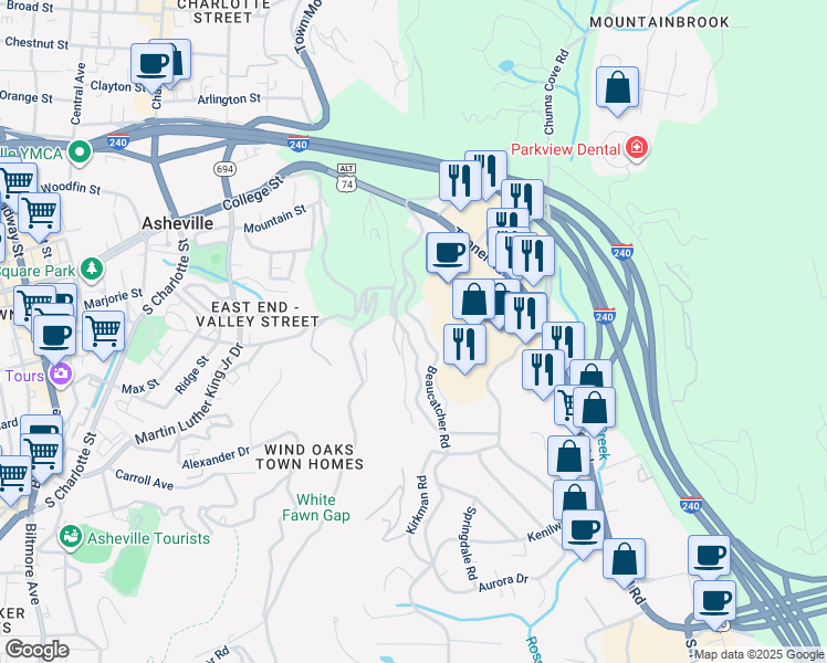 map of restaurants, bars, coffee shops, grocery stores, and more near 12 North Delano Road in Asheville