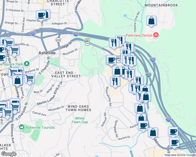 map of restaurants, bars, coffee shops, grocery stores, and more near 12 North Delano Road in Asheville
