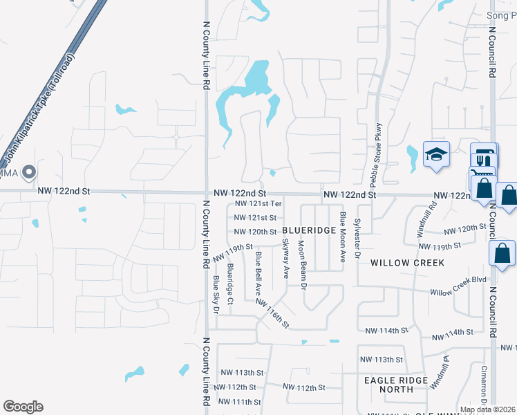 map of restaurants, bars, coffee shops, grocery stores, and more near 8824 Northwest 121st Street in Oklahoma City