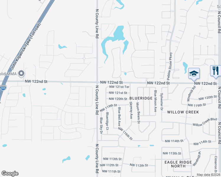 map of restaurants, bars, coffee shops, grocery stores, and more near 8848 Northwest 121st Street in Oklahoma City
